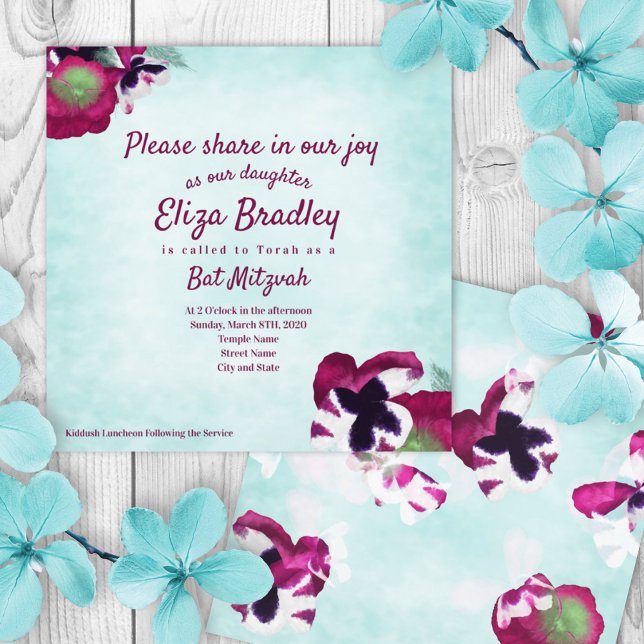 Bat mitzvah inbjudan till Aquamarine, Magenta Pans (turquoise, violet purple summer floral bat mitzvah invitation, violet pink script calligraphy)