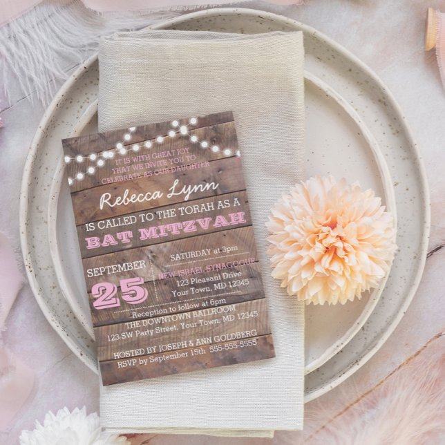 Bat mitzvah inbjudan till Barnwood Ljus Rosa  (Skapare uppladdad)
