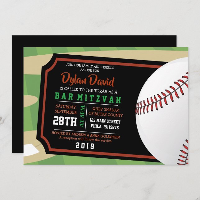 Bat mitzvah inbjudan till BASEBALL BILJETT Pub (Fram/baksida)