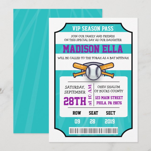 BAT MITZVAH inbjudan till BASEBALL BILJETT Pub (Fram/baksida)