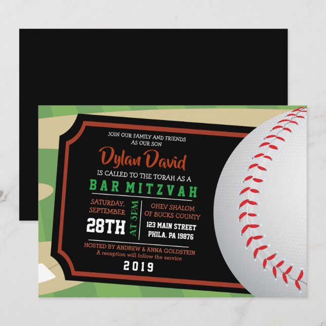 BAT MITZVAH inbjudan till BASEBALL BILJETT Pub (Fram/baksida)