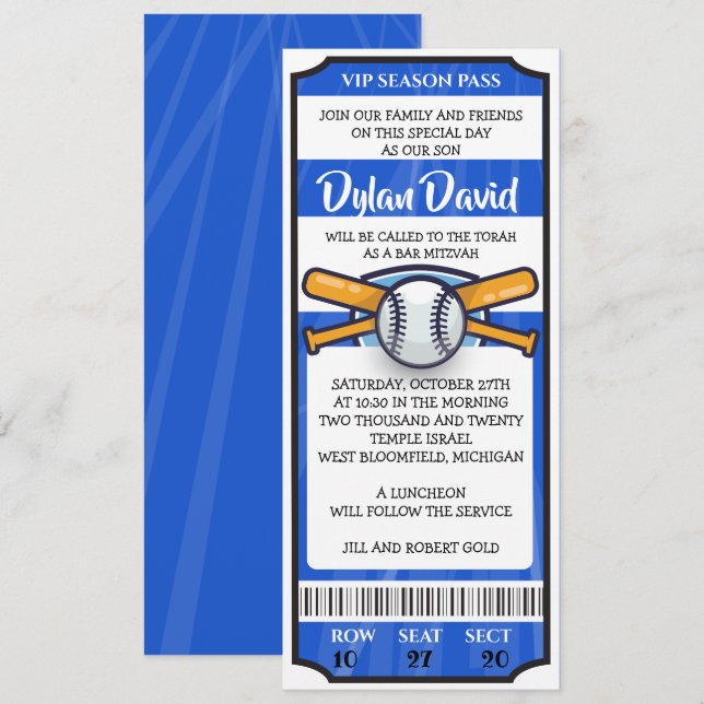 Bat mitzvah inbjudan till BASEBALL BILJETT Pub (Fram/baksida)
