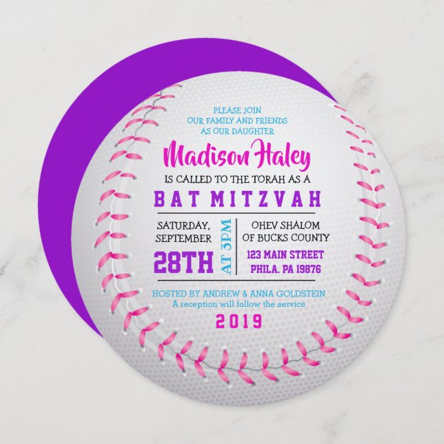 BAT MITZVAH inbjudan till BASEBALL ROUND GIRLS (Fram/baksida)