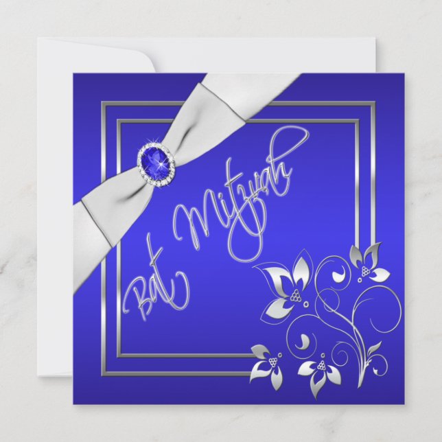 Bat mitzvah inbjudan till Blommigten Blue och Silv (Framsida)