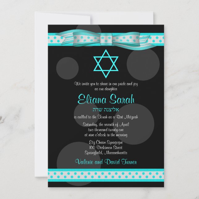 Bat mitzvah inbjudan till Blue Black Polka Dot-men (Framsida)