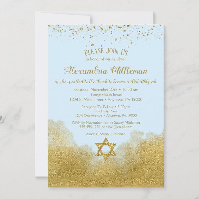 Bat mitzvah inbjudan till Blue Guld (Framsida)