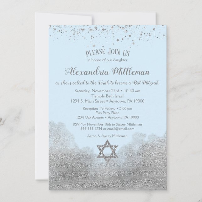 Bat mitzvah inbjudan till Blue Silver (Framsida)