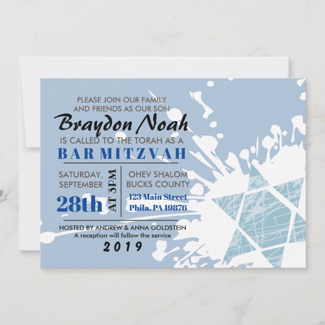 Bat mitzvah inbjudan till Blue Splatter Star Pub (Framsida)