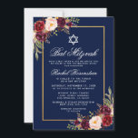 Bat mitzvah inbjudan till Burgundy Blommigt Blue G<br><div class="desc">Bat mitzvah inbjudningskort för Blommigten Burgundy Marsala-,  blått Guld</div>