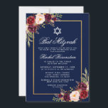 Bat mitzvah inbjudan till Burgundy Blommigt Blue G<br><div class="desc">Bat mitzvah inbjudningskort för Blommigten Burgundy Marsala-,  blått Guld</div>
