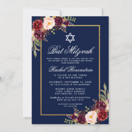 Bat mitzvah inbjudan till Burgundy Blommigt Blue G