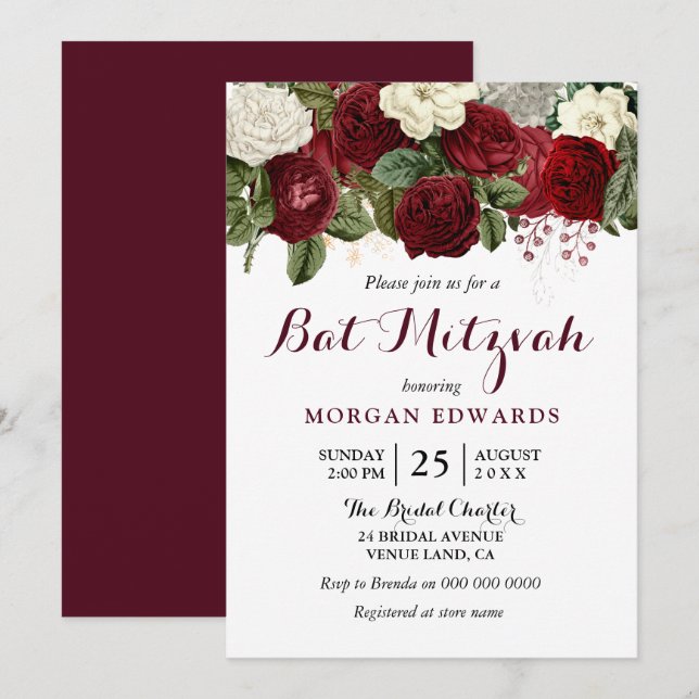 Bat mitzvah inbjudan till Burgundy Red White Blomm (Fram/baksida)
