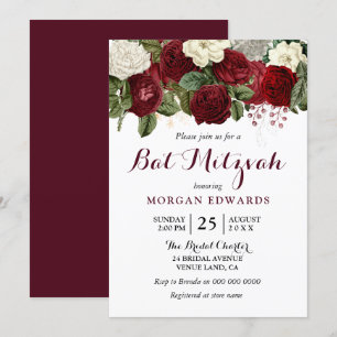 Bat mitzvah inbjudan till Burgundy Red White Blomm
