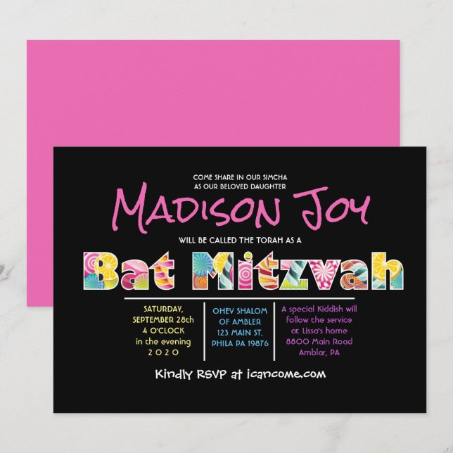 Bat mitzvah inbjudan till CANDY COUTURE Rosa (Fram/baksida)