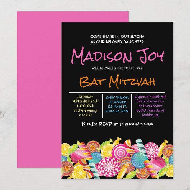 Bat mitzvah inbjudan till CANDY COUTURE Rosa (Fram/baksida)