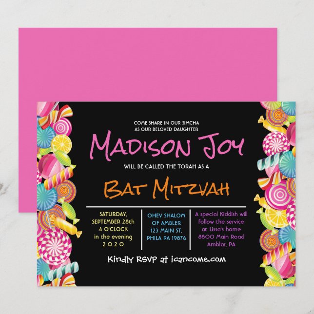 Bat mitzvah inbjudan till CANDY COUTURE Rosa (Fram/baksida)