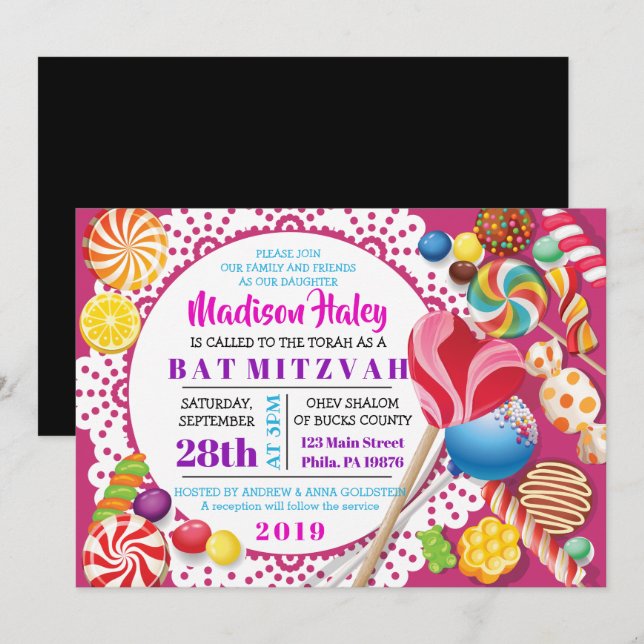 Bat mitzvah inbjudan till CANDY LAGRAD (Fram/baksida)