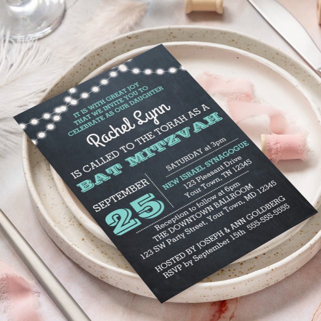 Bat mitzvah inbjudan till Chalkboard Ljus Teal (Skapare uppladdad)