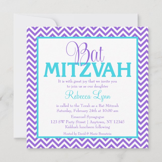 Bat mitzvah inbjudan till Chevron Lila Teal Blue (Framsida)