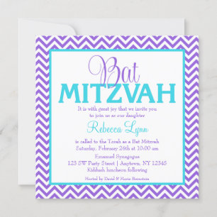Bat mitzvah inbjudan till Chevron Lila Teal Blue