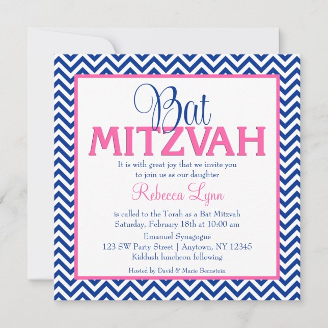 Bat mitzvah inbjudan till Chevron Navy Blue Rosa (Framsida)