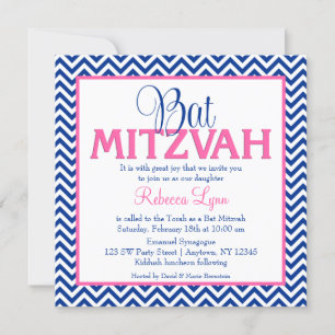 Bat mitzvah inbjudan till Chevron Navy Blue Rosa
