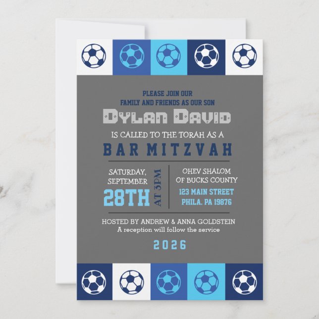 Bat mitzvah inbjudan till coola SOCCER Blue Pub (Framsida)