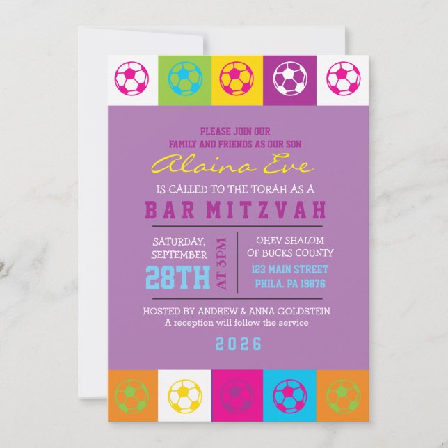 Bat mitzvah inbjudan till coola SOCCER Neon Pub (Framsida)