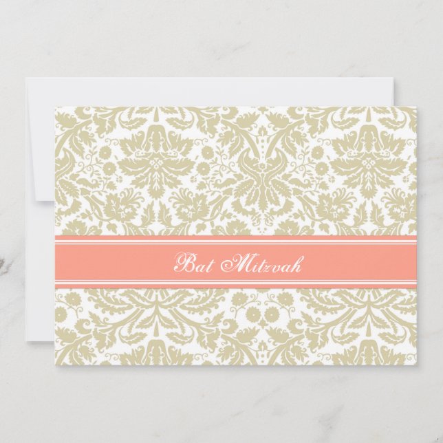Bat mitzvah inbjudan till Coral Beige Damask (Framsida)