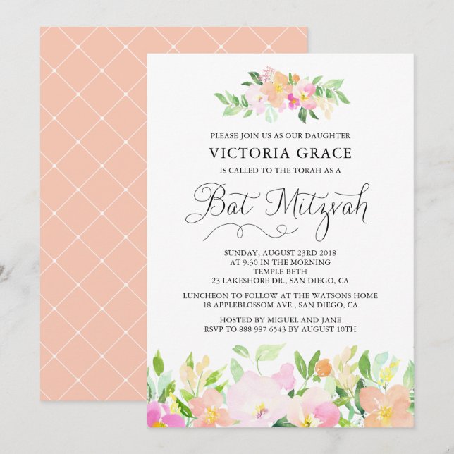 Bat mitzvah inbjudan till Daety Watercolor Flowers (Fram/baksida)
