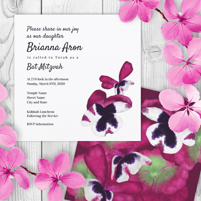 Bat mitzvah inbjudan till djupt Rosa-paneler (pink purple flower petals pansy bat mitzvah invitation, berry violet summer colors, 12 12th twelve)
