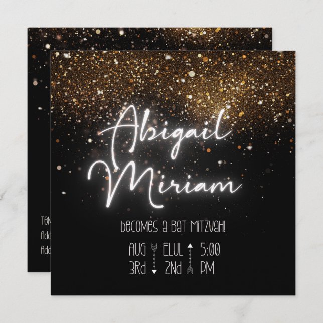 Bat mitzvah inbjudan till elegant Glitter Hebreisk (Fram/baksida)