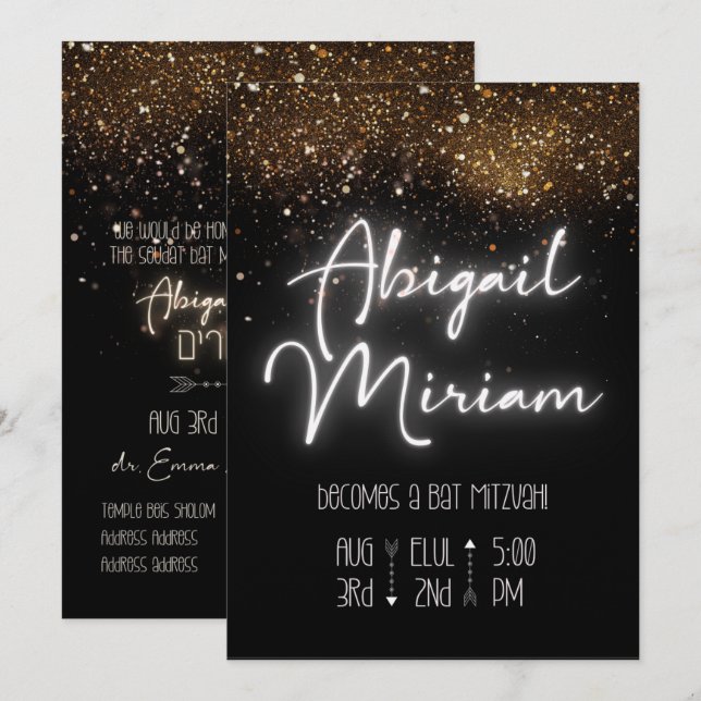Bat mitzvah inbjudan till elegant Glitter Hebreisk (Fram/baksida)