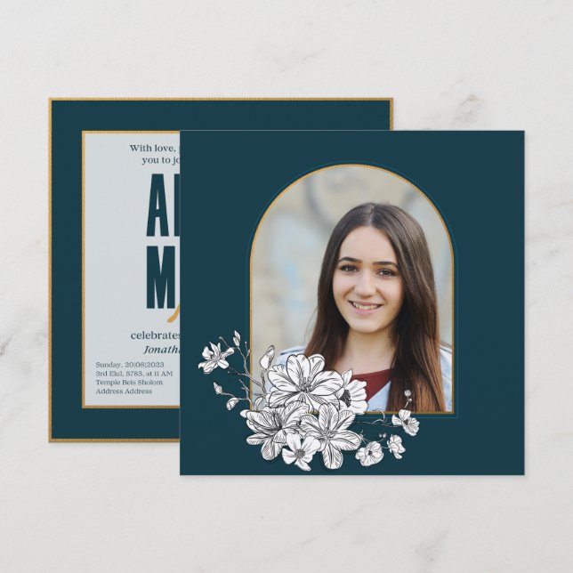 Bat mitzvah inbjudan till elegant Photo Hebrew (Fram/baksida)