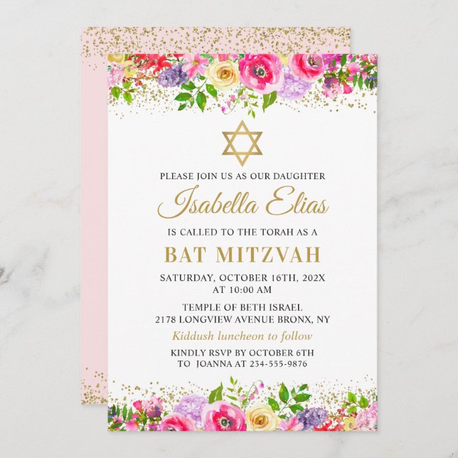 Bat mitzvah inbjudan till elegant Rosa Guld Blommi (Fram/baksida)