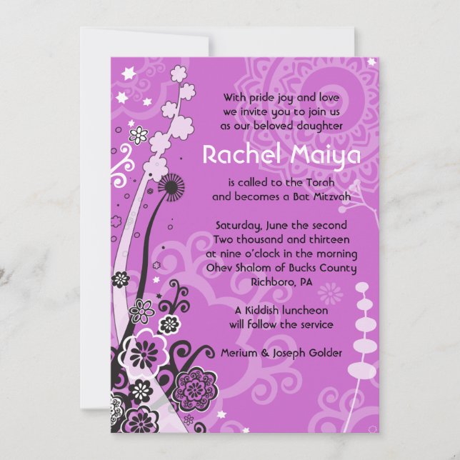 BAT MITZVAH inbjudan till FET- och BEAUTIFUL-BLOMM (Framsida)