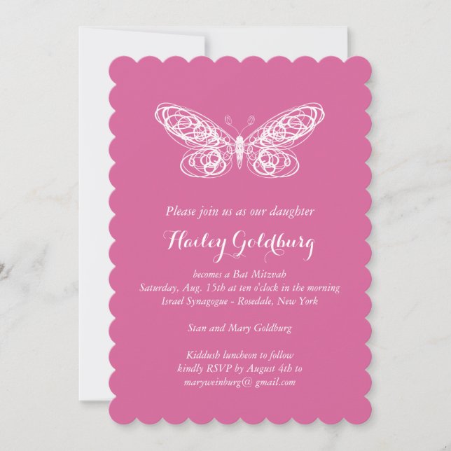 Bat mitzvah inbjudan till Fuchsia Butterfly (Framsida)