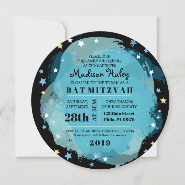 Bat mitzvah inbjudan till GALAXY Aqua Guld Stars P (Framsida)