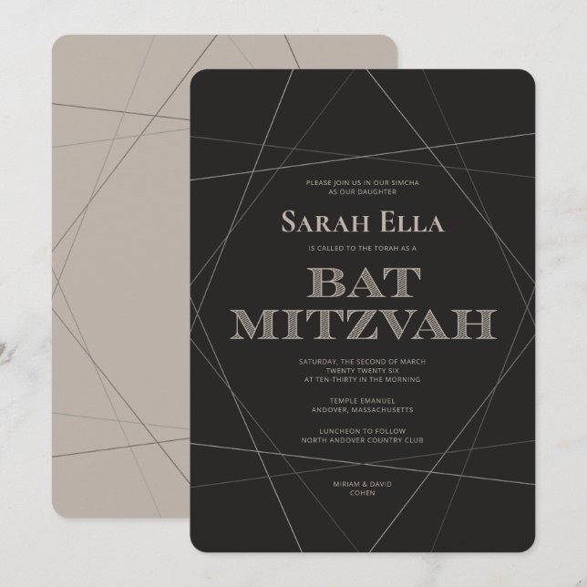 Bat mitzvah inbjudan till Geo Modern Silver (Fram/baksida)