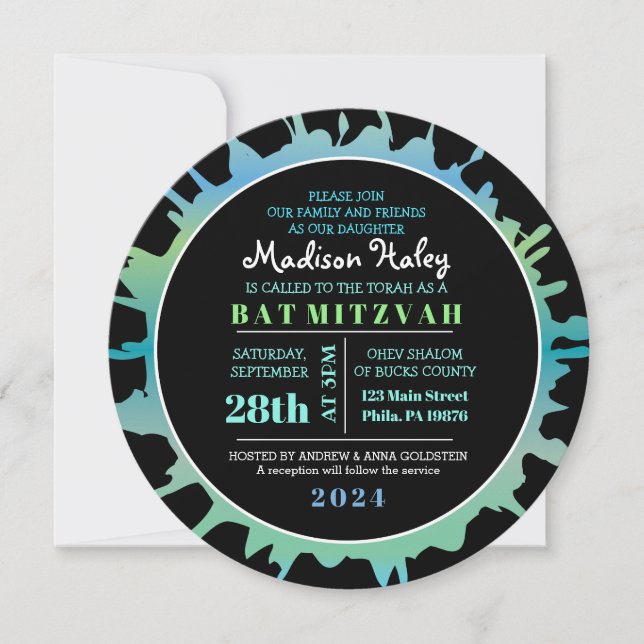Bat mitzvah inbjudan till GLOW Aqua Stänk Pub (Framsida)