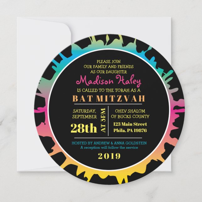 Bat mitzvah inbjudan till GLOW Rainbow Stänk Pub (Framsida)