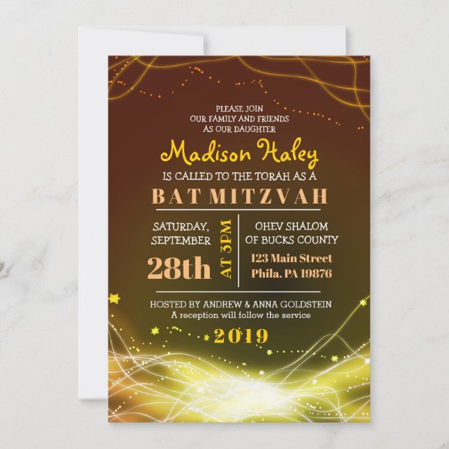 Bat mitzvah inbjudan till GULD INNEHÅLLER NYON STA (Framsida)