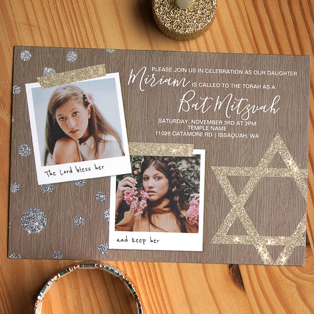 Bat mitzvah inbjudan till guld & Silver Glitter (Gold, pewter, beige glitter star of david bat mitzvah invitation with photos)