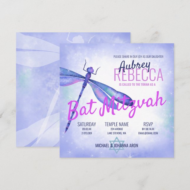 Bat mitzvah inbjudan till Light Blue Dragonfly (Fram/baksida)