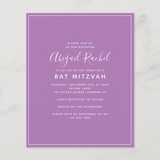 Bat mitzvah inbjudan till lila Modern Budget (Framsida)