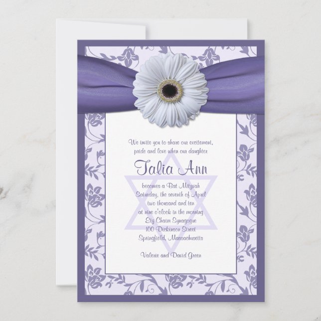 Bat mitzvah inbjudan till lila White Blommigt Dama (Framsida)