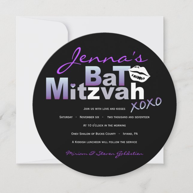 Bat mitzvah inbjudan till Lilan kärlek & KISSES (Framsida)
