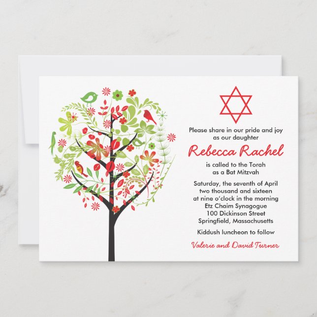 Bat mitzvah inbjudan till Livets träd Red Grönt (Framsida)