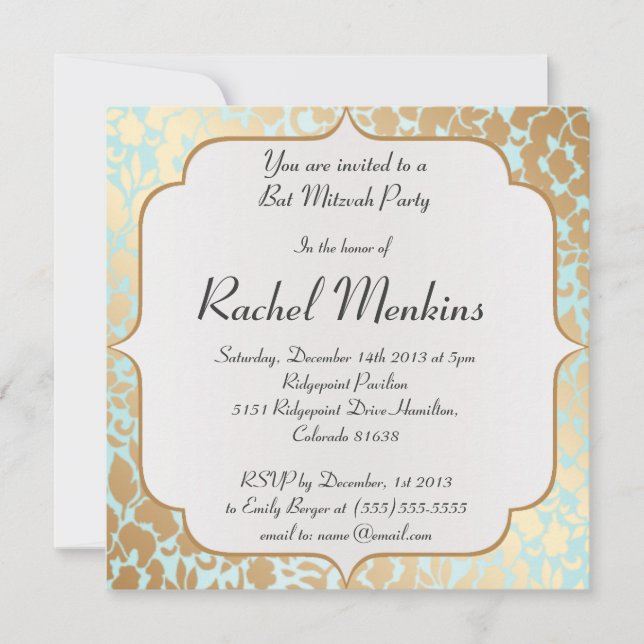 Bat mitzvah inbjudan till Metallic Golden Aqua (Framsida)