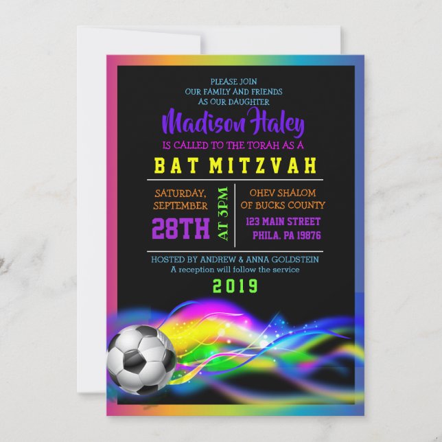 BAT MITZVAH inbjudan till NEON SOCCER GIRLS (Framsida)